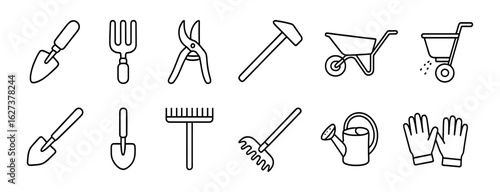 Gardening tools icon set. outdoor, equipment, planting icons in line style