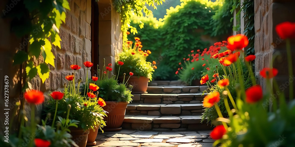 Obraz premium A stone staircase winds upwards, flanked by lush greenery and vibrant red poppies. Sunlight filters through the leaves, casting a warm glow on the scene