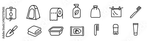 Camping essentials icon set. outdoor, travel gear icons in linear style