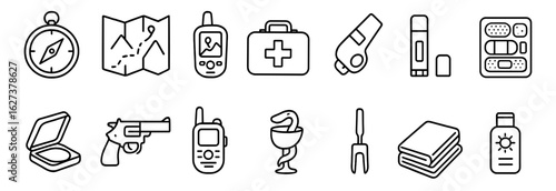 Travel and emergency outline icon set. compass, map, medical kit, and more