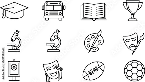 School and education line icon set with graduation cap, school bus, book, trophy, microscope, art palette, theater masks, football, soccer ball, and globe