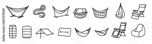 Outdoor relaxation icon set. hammock, cushion, chair, sleeping bag linear illustrations
