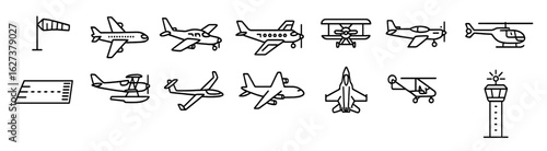 Aviation, aircraft outline icon set. flight, airplane, helicopter linear collection