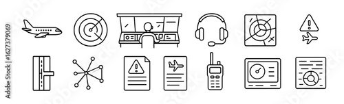 Aviation and air traffic control line icon set for navigation and safety