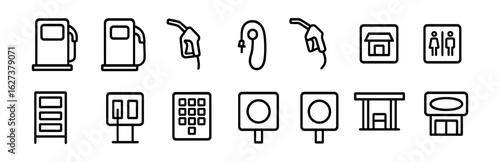 Gas station line icon set. fuel, petrol, pump, service, vehicle, convenience symbols