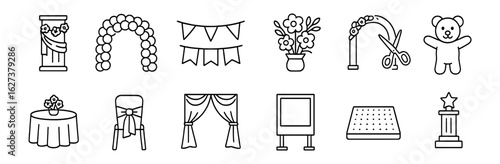 Wedding and event planning icon set. elegant celebration icons outline collection