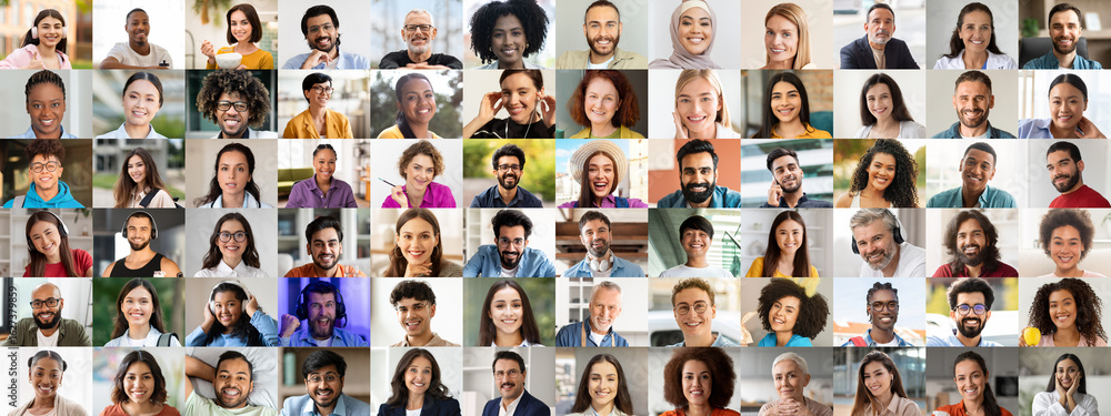 Fototapeta premium A vibrant collage of diverse faces reflects joy and unity. Each individual represents different backgrounds and cultures, celebrating happiness and community in everyday life.