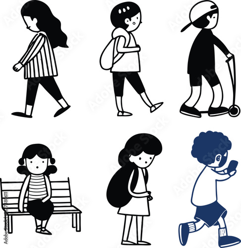 Simple black and white line art illustrations of children walking, scootering, and sitting; diverse group, casual style, playful mood.