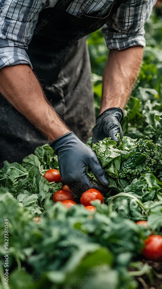 Fototapeta premium Farmer Picking Fresh Greens From Garden Wearing Gloves