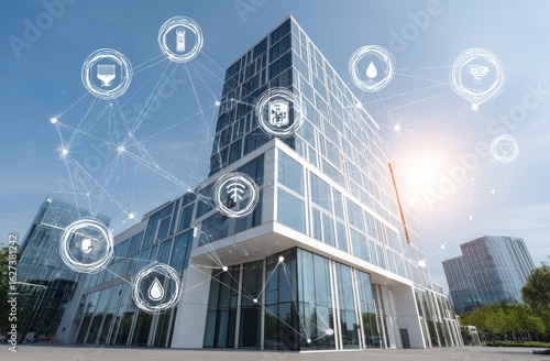 Modern building with interconnected smart home icons