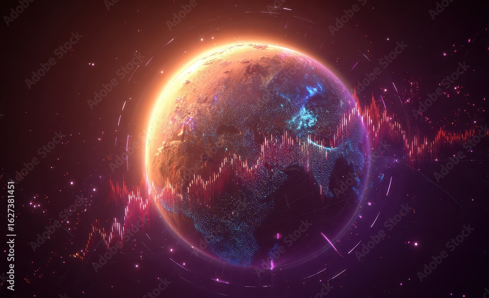 Obraz premium Earth globe surrounded by vibrant, glowing stock charts in space