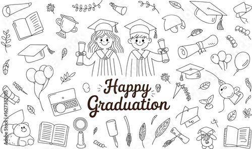Happy graduation doodle illustration featuring smiling student characters, diplomas, lifestyle elements, balloons, and success symbols for education celebration