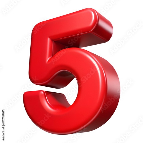 Shiny Red Number 5 - 3D Rendered Digit, Isolated on Black Background