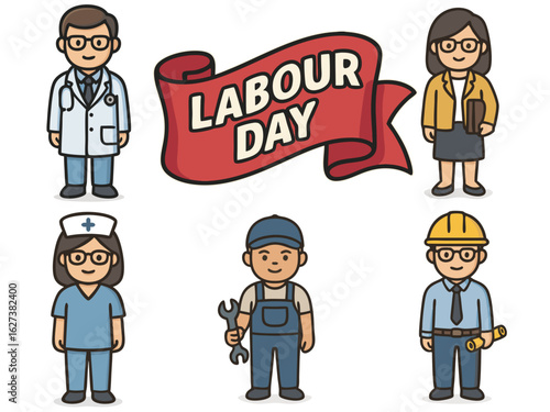 Labour Day Vector Illustration with Diverse Professions – Doctor, Nurse, Engineer, Mechanic, and Teacher Cartoon Icons Vector