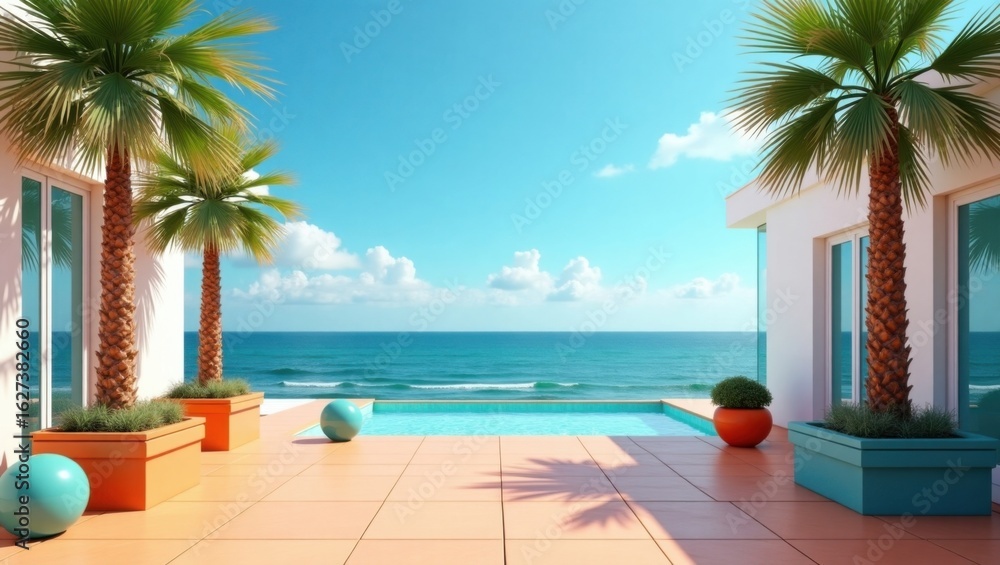 Fototapeta premium Modern Tropical Villa With Infinity Pool Overlooking The Ocean Under A Clear Blue Sky