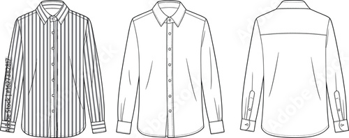 Men’s striped button-down shirt, long sleeves, front and back views, formal and casual fashion, apparel design template illustration