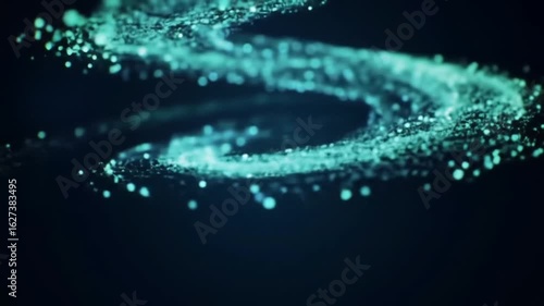 A mesmerizing swirl of glowing teal particles forming a futuristic spiral, representing the dynamic flow of digital data and energy on a dark background.