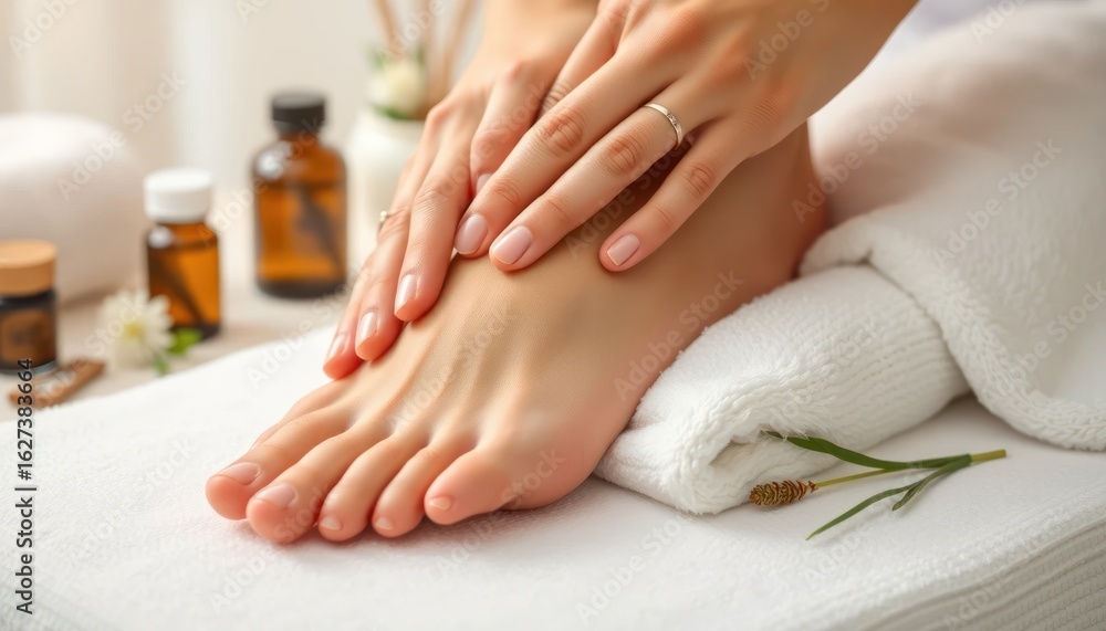 Naklejka premium Relaxing foot care session with essential oils and a soft towel on a table