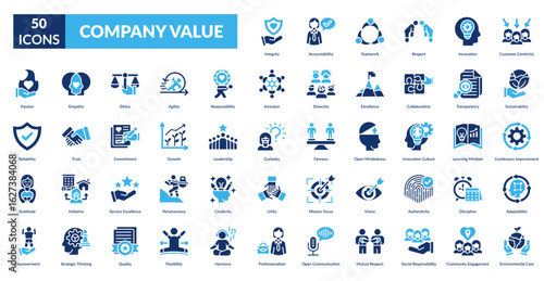 Company Value Fill Icon Set. Integrity, Accountability, Teamwork, Respect, Innovation, Customer Centricity, Sustainability