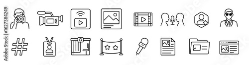 Media and entertainment line icon set. broadcast, communication icons collection