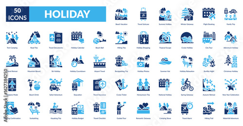 Holiday Fill Icon Set. Beach Vacation, Travel Suitcase, Summer Holiday, Winter Getaway, Flight Booking, Family Trip, Adventure Holiday