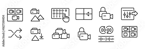 Video editing linear icon set. tools, interface, camera, media controls line collection