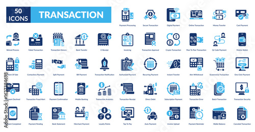 Transaction Fill Icon Set. Processing, Secure, Digital, Online Transaction, Money Transfer, Card Payment, Mobile Wallet