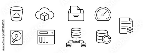 Data storage outline icon set. cloud, backup solutions, and server icons collection