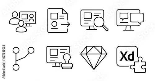 Business and communication outline icon set. office tools and networking symbols