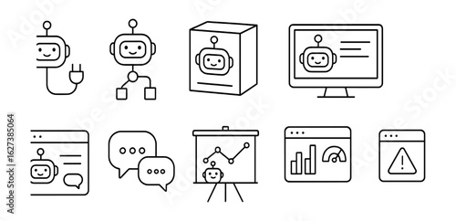 Technology and ai linear icon set. robotics, digital innovation line graphics collection
