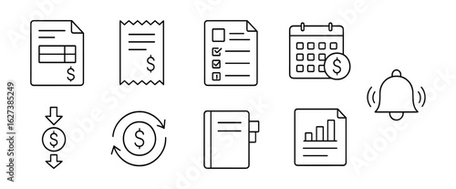 Finance and business outline icon set. budget, invoice, calendar, notification icons