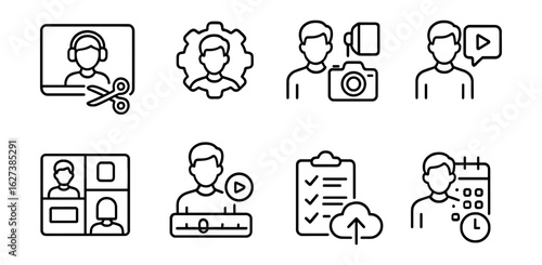 Profile, video, communication line icon set. meetings, planning in linear style