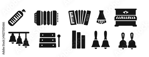 Musical instruments silhouette icon set. piano, accordion, bell, xylophone silhouette icons