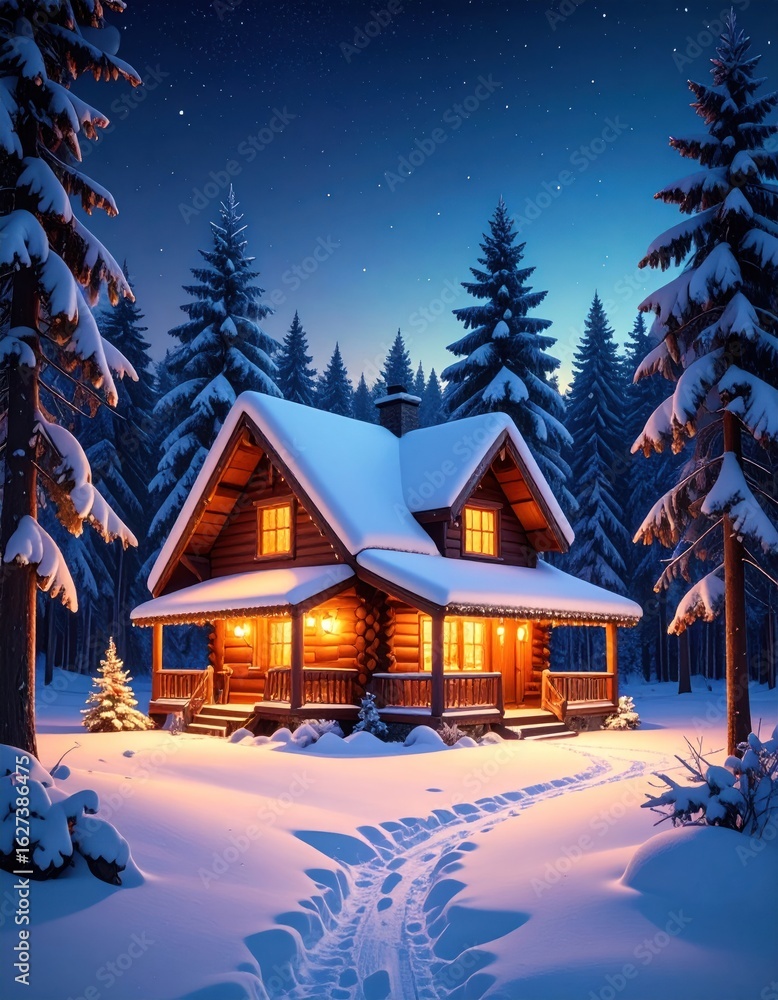 Naklejka premium Cozy log cabin in snowy forest at night (10)