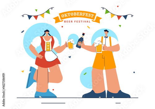 Happy Oktoberfest Party Festival Vector Illustration Featuring Beer, Sausage, Gingerbread, Barrels, German Flag, and Wheat in a Flat Background