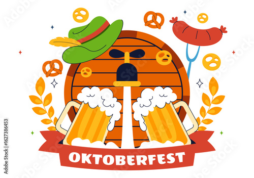 Happy Oktoberfest Party Festival Vector Illustration Featuring Beer, Sausage, Gingerbread, Barrels, German Flag, and Wheat in a Flat Background