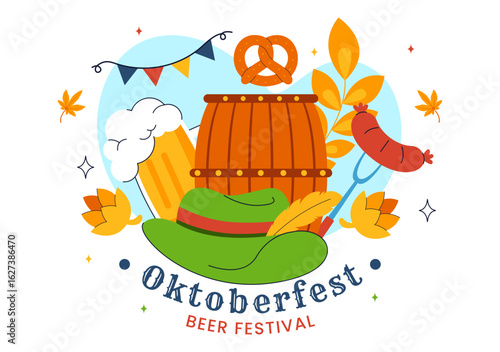 Happy Oktoberfest Party Festival Vector Illustration Featuring Beer, Sausage, Gingerbread, Barrels, German Flag, and Wheat in a Flat Background