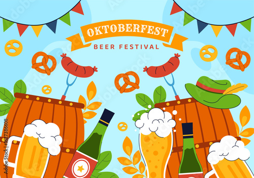Happy Oktoberfest Party Festival Vector Illustration Featuring Beer, Sausage, Gingerbread, Barrels, German Flag, and Wheat in a Flat Background