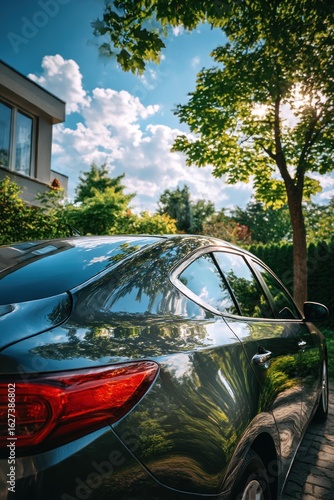 Dark car parked in a sunny garden