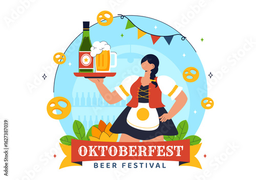 Happy Oktoberfest Party Festival Vector Illustration Featuring Beer, Sausage, Gingerbread, Barrels, German Flag, and Wheat in a Flat Background