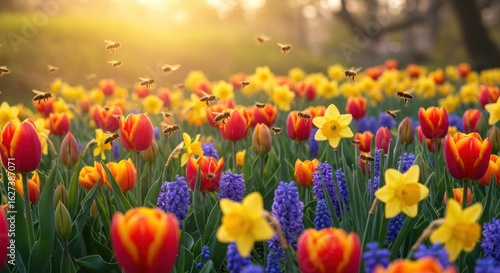 Bees Buzzing Over Vibrant Spring Flowers: Tulips, Daffodils, Hyacinths.