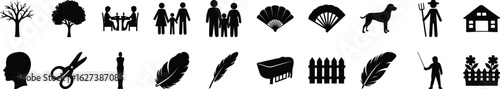 Silhouette Icon Set of Family, Nature and Rural Life
Collection of black silhouette icons representing family, trees, feathers, animals, rural lifestyle, and everyday domestic life elements.
