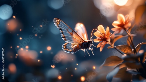 Ethereal Clearwing Moth Fluttering Among Delicate Night Flowers