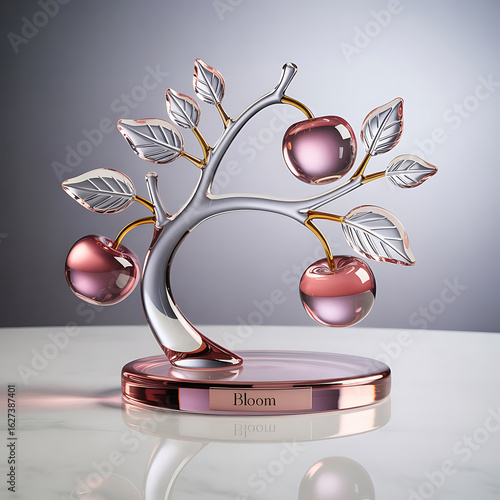Elegant Pink Apple and Crystal Leaf Glass Sculpture with Rose Gold Finish