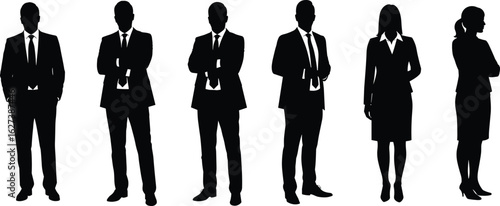 Silhouettes of confident business professionals in formal attire, standing in leadership poses, ideal for teamwork, career, and corporate lifestyle visuals.