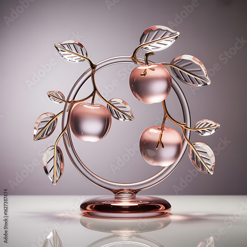 Elegant Pink Apple and Crystal Leaf Glass Sculpture with Rose Gold Finish