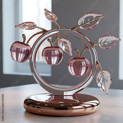 Elegant Pink Apple and Crystal Leaf Glass Sculpture with Rose Gold Finish