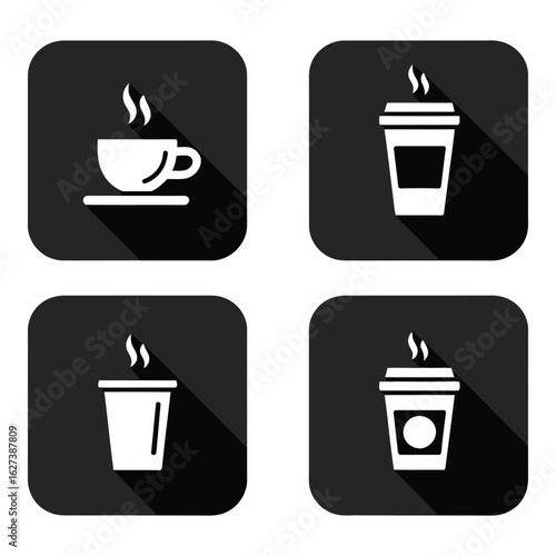 Coffee cup icons with long shadow on white background