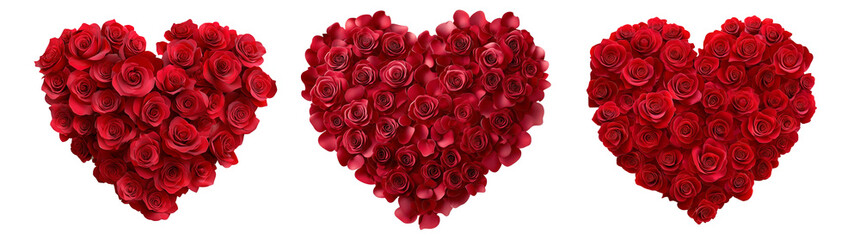 A heart-shaped arrangement of vivid red roses, isolated on white transparent background, symbolizing love and romance on Valentine Day, floral concept