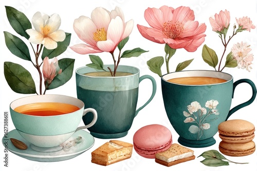 Floral teacups and macarons